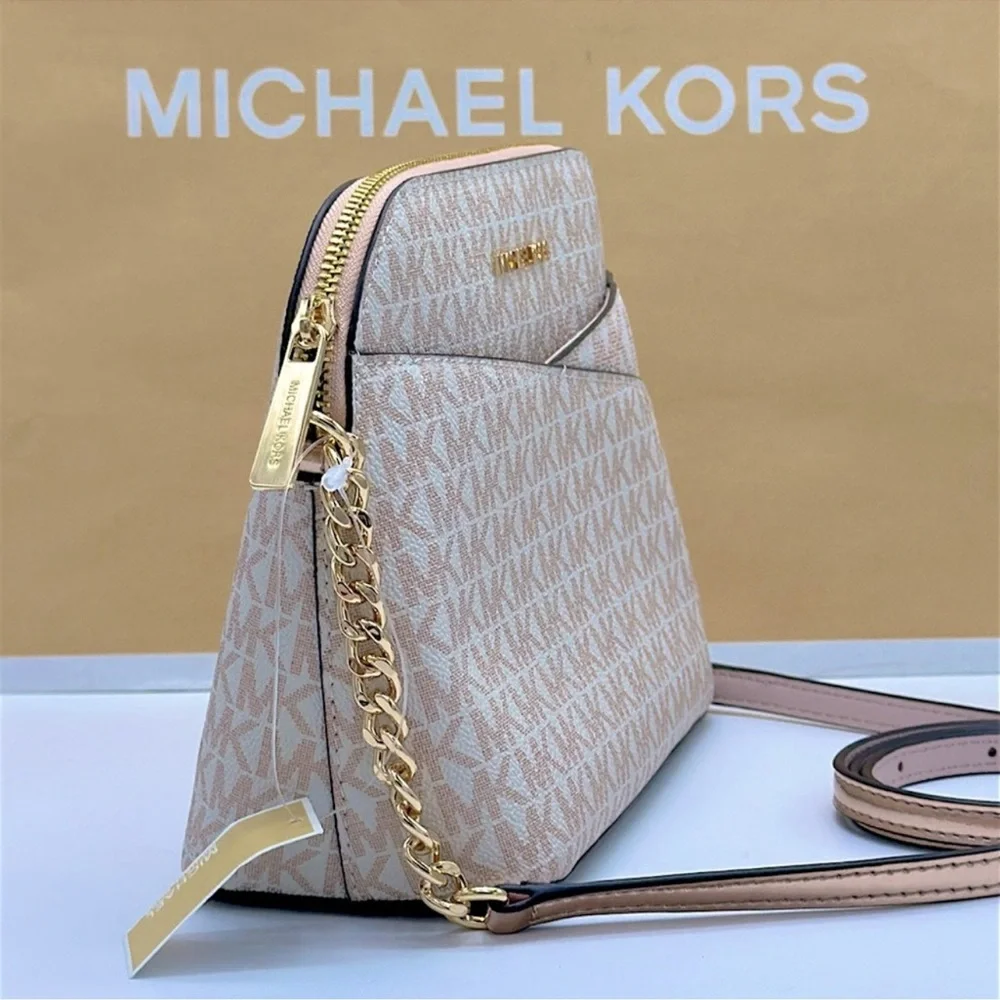 Michael Kors Jet Set Travel Md Metallic Signature Logo Dome Crossbody Satchel NW